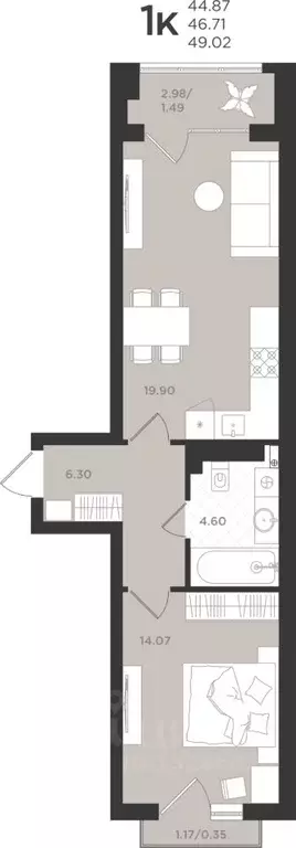 1-к кв. Калининградская область, Светлогорск  (46.71 м) - Фото 1