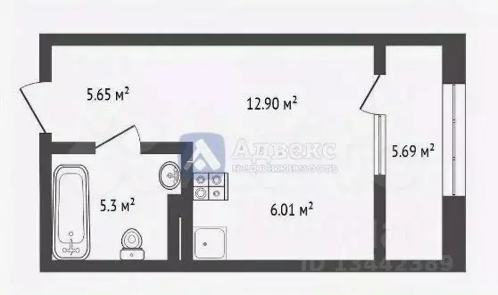 Студия Тюменская область, Тюмень ул. Евгения Войнова, 7 (36.0 м) - Фото 2