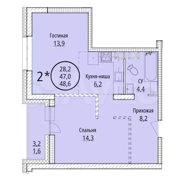 2-к. квартира, 48,4 м, 15/16 эт. - Фото 0