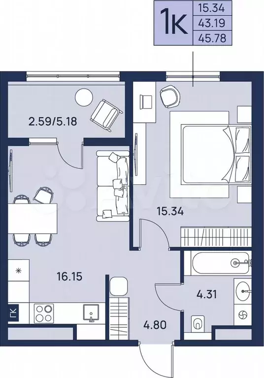 1-к. квартира, 45,8 м, 4/4 эт. - Фото 0