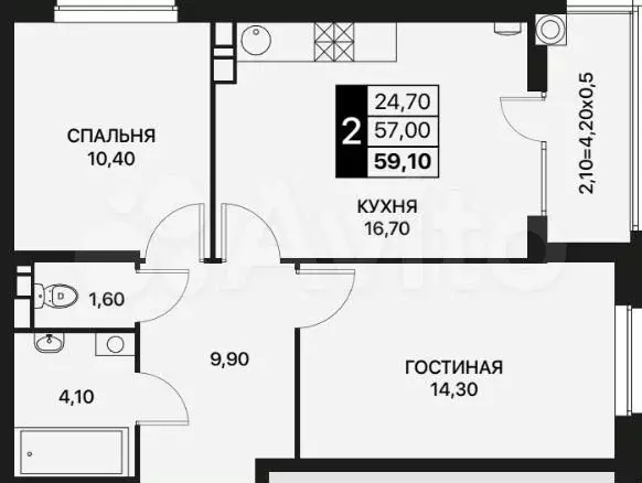 2-к. квартира, 59,1 м, 8/12 эт. - Фото 0