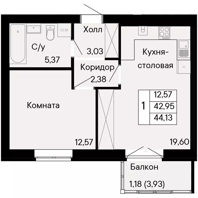 1-комнатная квартира: Ростов-на-Дону, Бориславский переулок, 47 (44.13 ... - Фото 0