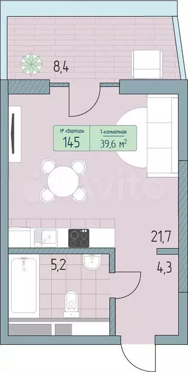 1-к. квартира, 39,6м, 5/9эт. - Фото 1