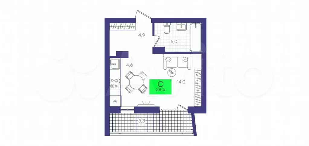 Квартира-студия, 28,6 м, 5/9 эт. - Фото 1
