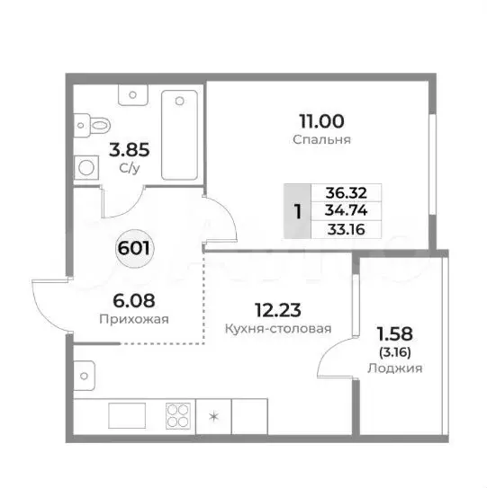 1-к. квартира, 34,7 м, 4/10 эт. - Фото 1