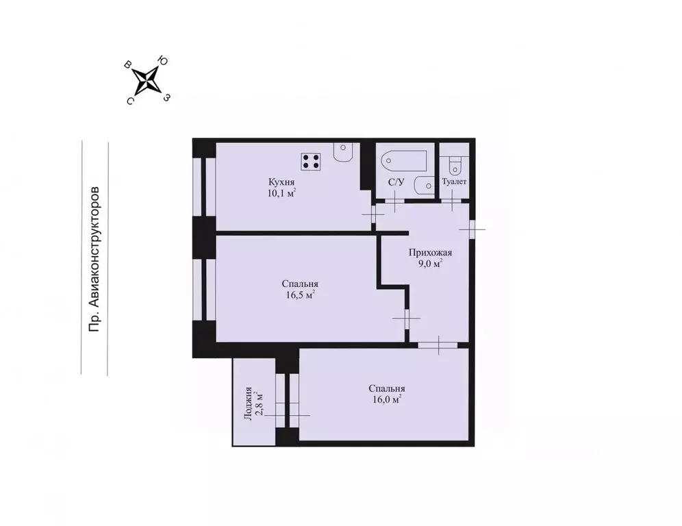 2-к кв. Санкт-Петербург просп. Авиаконструкторов, 24 (55.2 м) - Фото 2