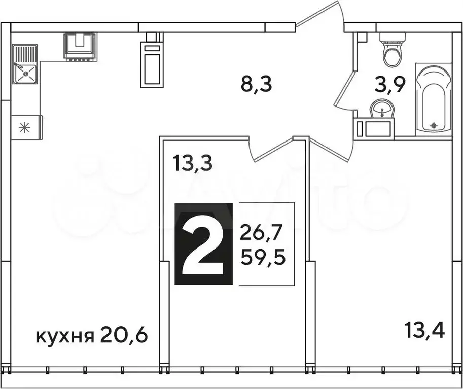 2-к. квартира, 59,5 м, 16/16 эт. - Фото 0