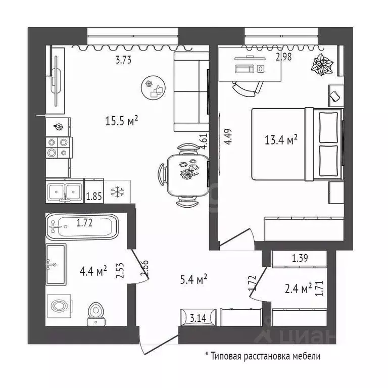 1-к кв. Тюменская область, Тюмень Новгородская ул., 22 (41.1 м) - Фото 2