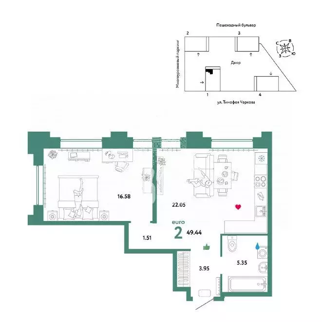 2-комнатная квартира: Тюмень, улица Тимофея Чаркова, 93 (49.4 м) - Фото 0
