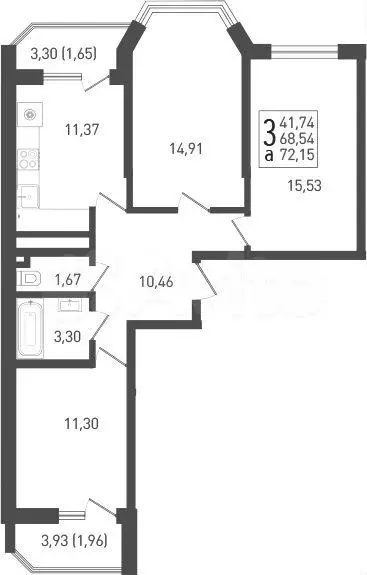 3-к. квартира, 68,5 м, 6/22 эт. - Фото 0