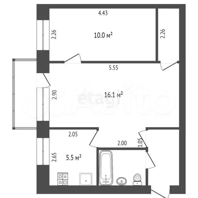 2-к. квартира, 45,3 м, 3/5 эт. - Фото 0