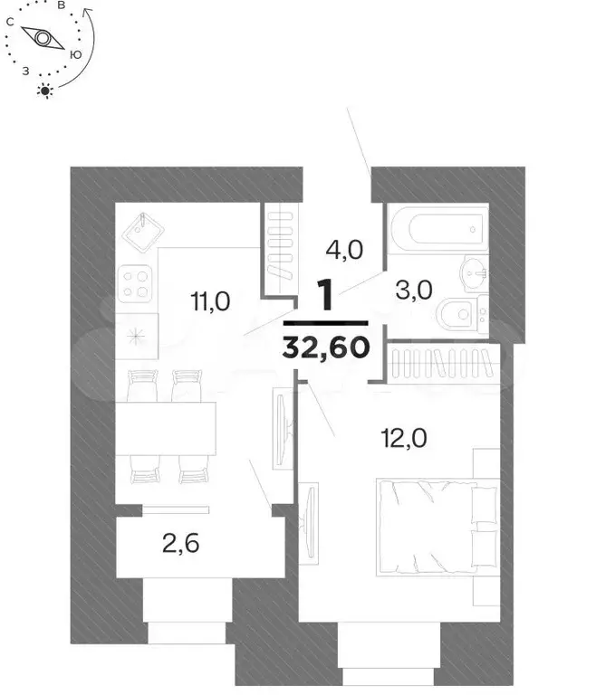 1-к. квартира, 32,6 м, 13/16 эт. - Фото 0