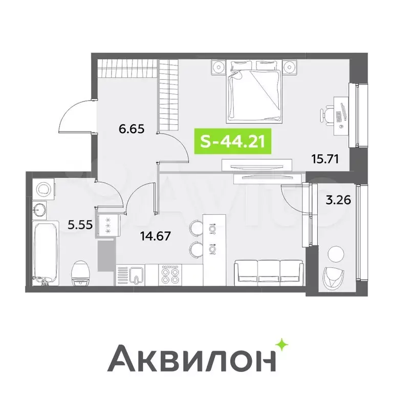 1-к. квартира, 44,2 м, 9/12 эт. - Фото 1