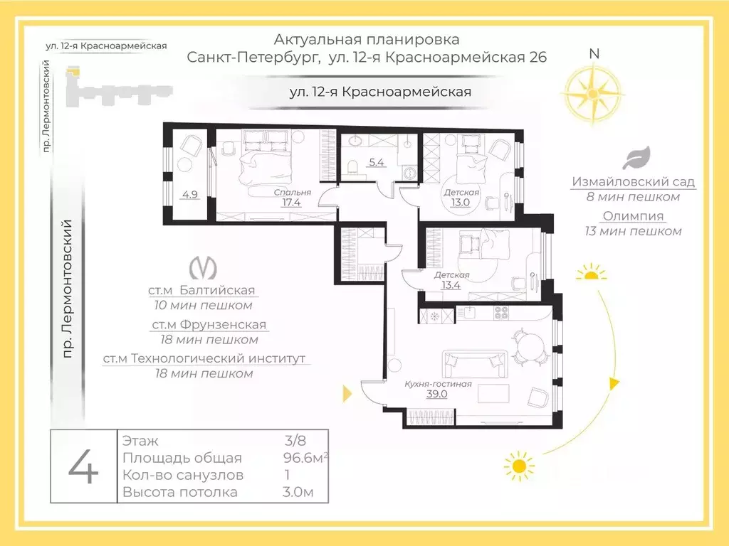 3-к кв. Санкт-Петербург 12-я Красноармейская ул., 26 (96.6 м) - Фото 2