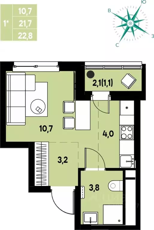 Студия Пермский край, д. Кондратово ул. Улановой, 5 (22.8 м) - Фото 1