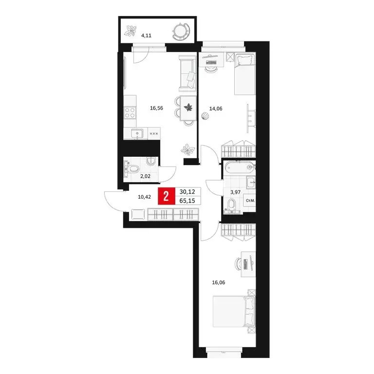 2-комнатная квартира: Уфа, Большая Московская улица, 11 (65.15 м) - Фото 1