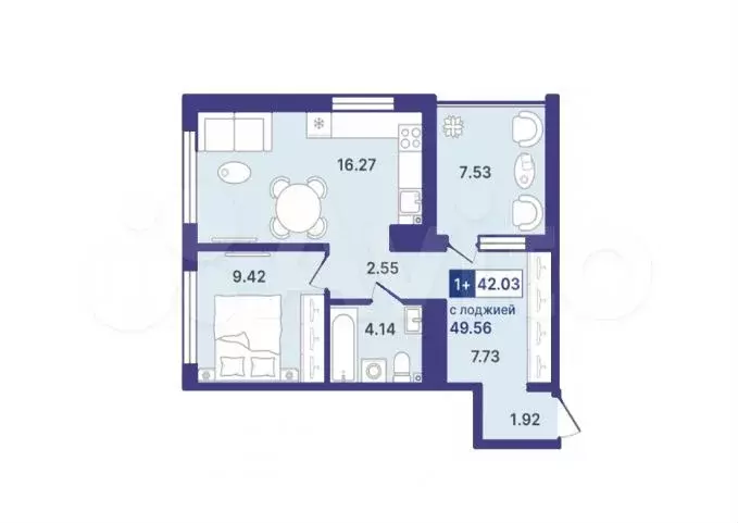 1-к. квартира, 49,5 м, 5/8 эт. - Фото 1