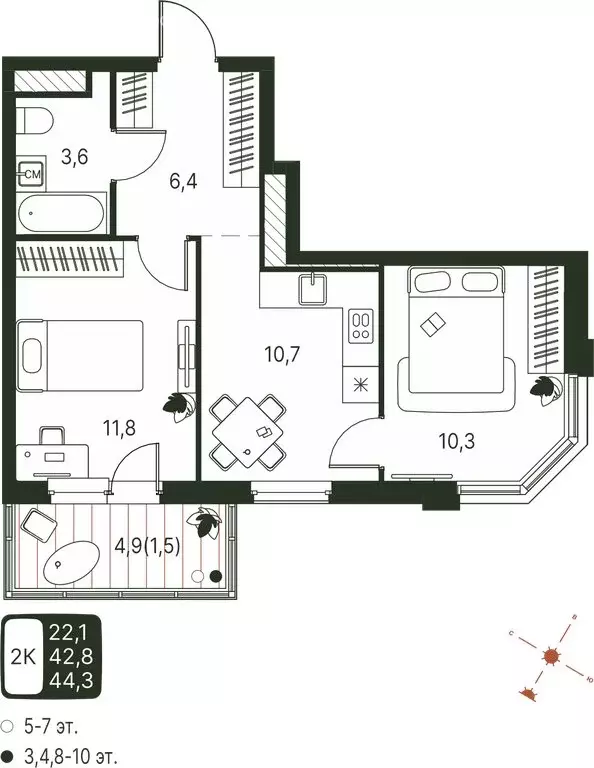 2-комнатная квартира: Пермь, микрорайон Ива, ЖК Погода (44.3 м) - Фото 1