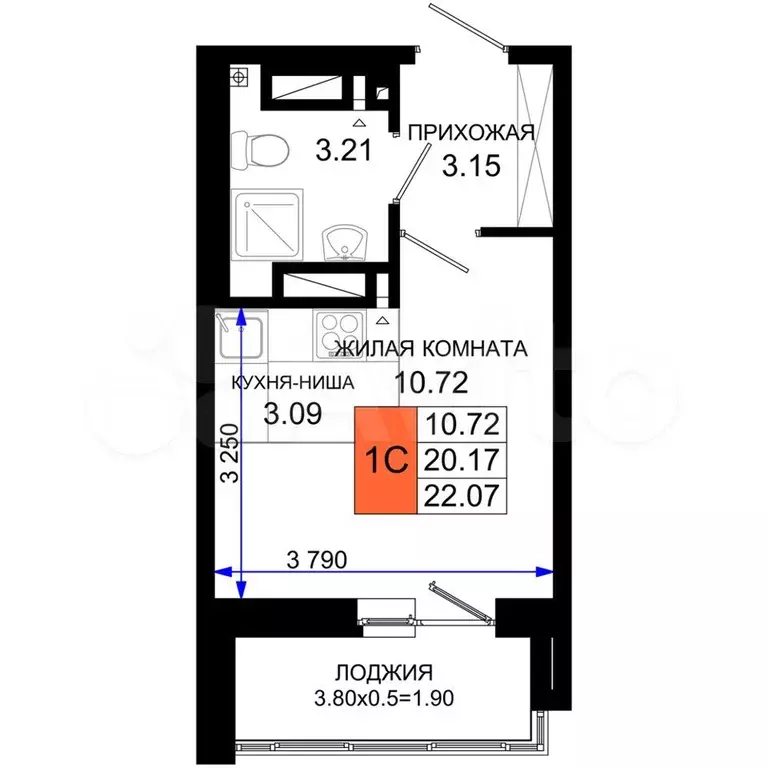 Квартира-студия, 22,1 м, 18/25 эт. - Фото 0