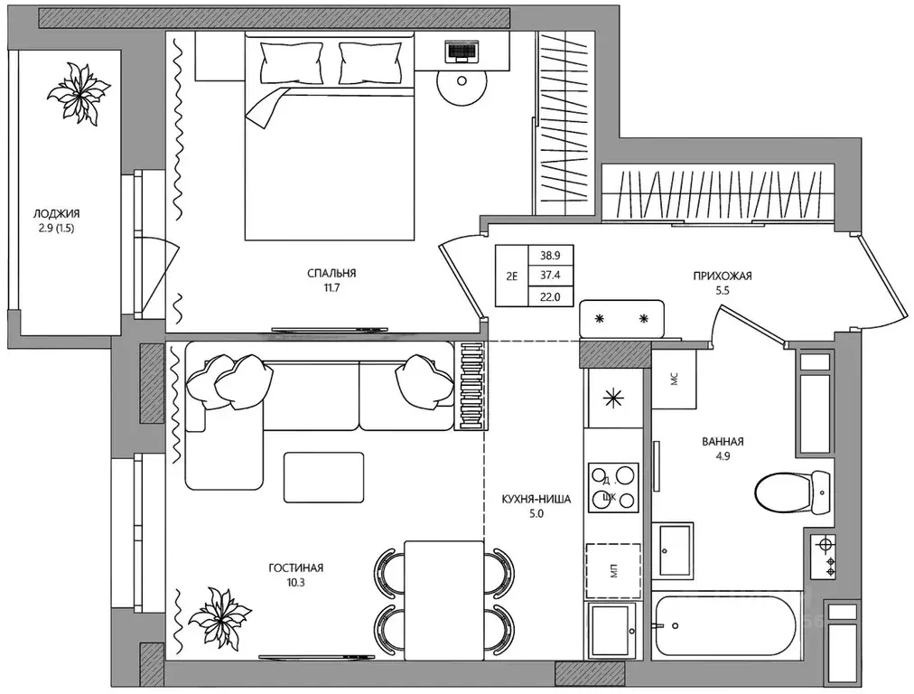 2-к кв. Пермский край, д. Кондратово ул. Водопроводная, 5 (38.9 м) - Фото 1