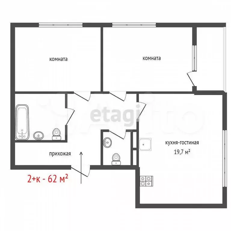 2-к. квартира, 62 м, 4/7 эт. - Фото 0