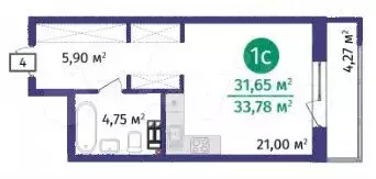 Квартира-студия, 33,8 м, 5/14 эт. - Фото 1