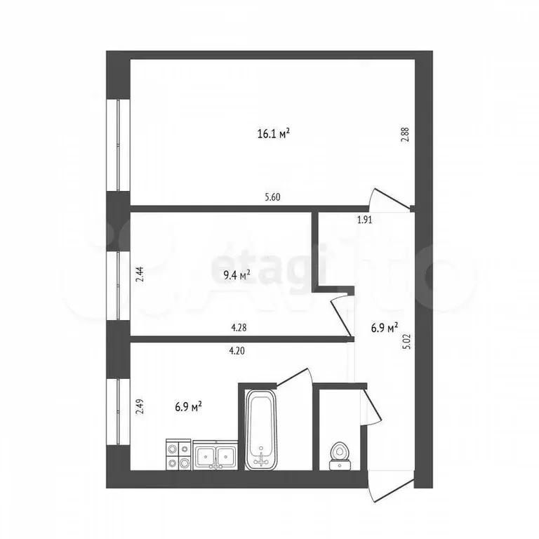 2-к. квартира, 42,4 м, 1/5 эт. - Фото 0