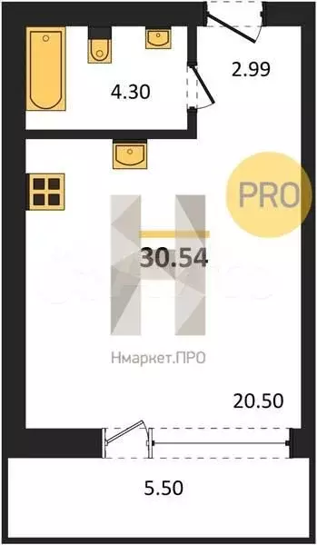 Квартира-студия, 30,5 м, 8/9 эт. - Фото 1