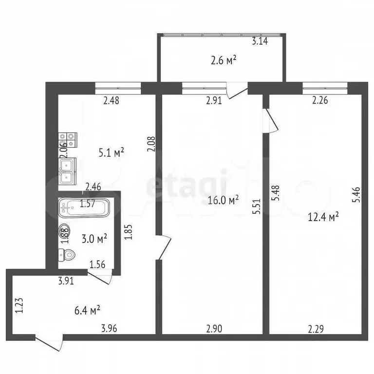 2-к. квартира, 42,9 м, 4/5 эт. - Фото 0