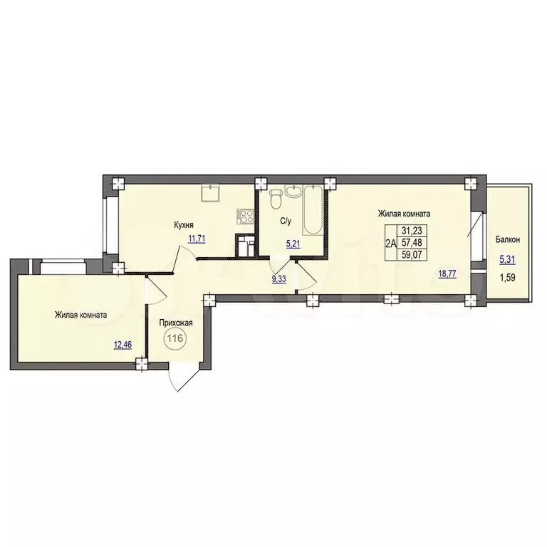 2-к. квартира, 59,1 м, 7/9 эт. - Фото 0