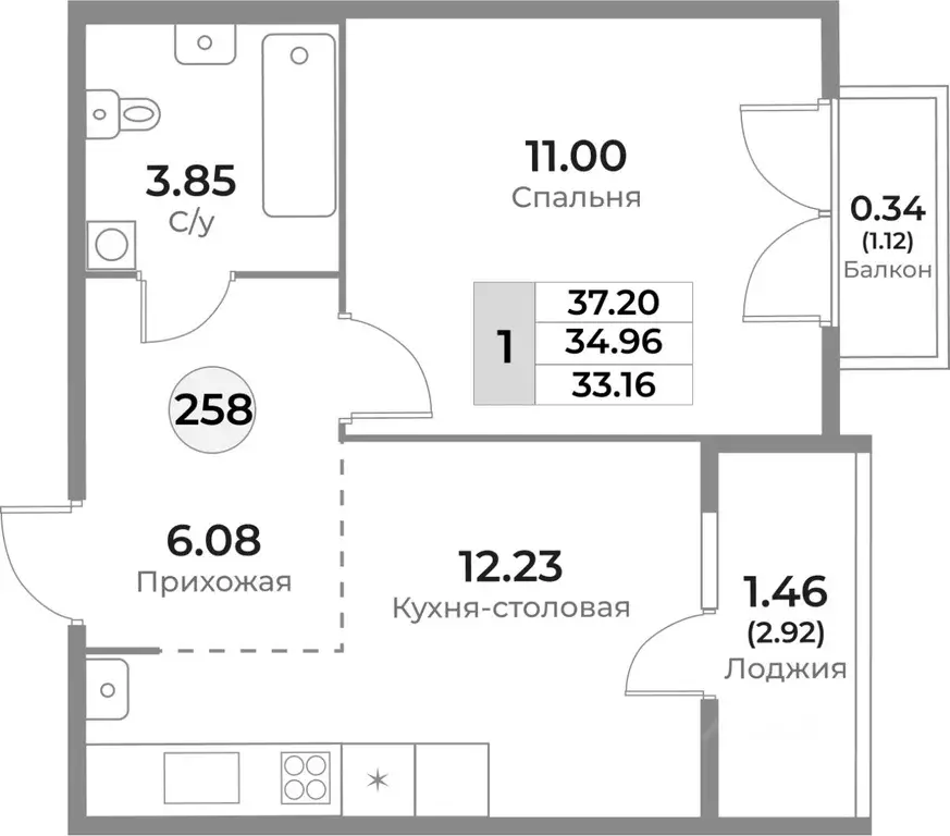 1-к кв. Калининградская область, Калининград Пригородная ул. (34.96 м) - Фото 0