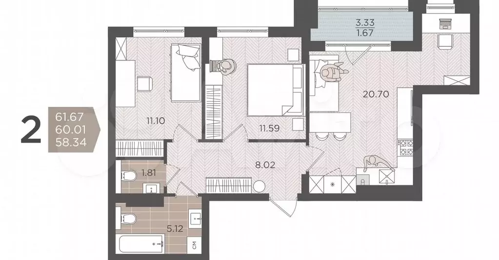 2-к. квартира, 60 м, 5/9 эт. - Фото 1