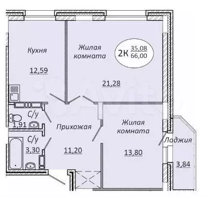 2-к. квартира, 66м, 14/21эт. - Фото 0