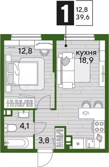 1-к. квартира, 39,6м, 5/16эт. - Фото 1