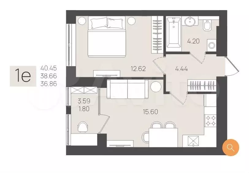 1-к. квартира, 40,5 м, 3/5 эт. - Фото 1