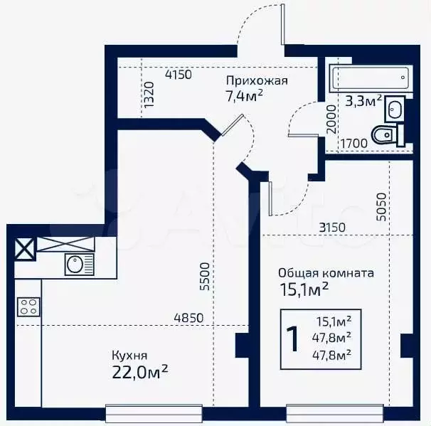 1-к. квартира, 48,4 м, 1/9 эт. - Фото 0