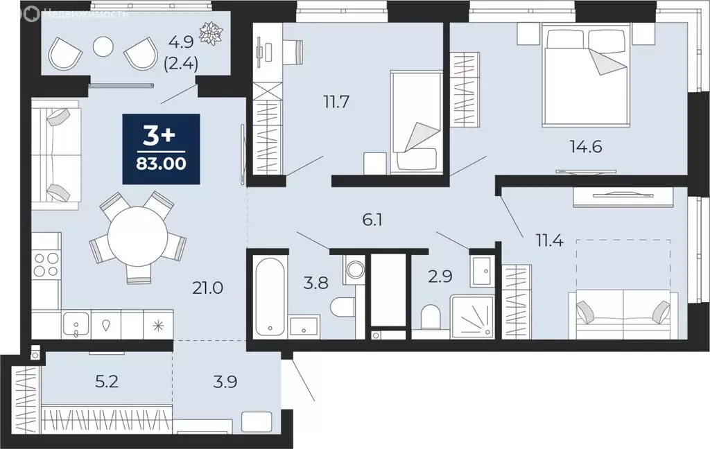 3-комнатная квартира: Тюмень, проезд Капитана Куликова, 3 (85.5 м) - Фото 1