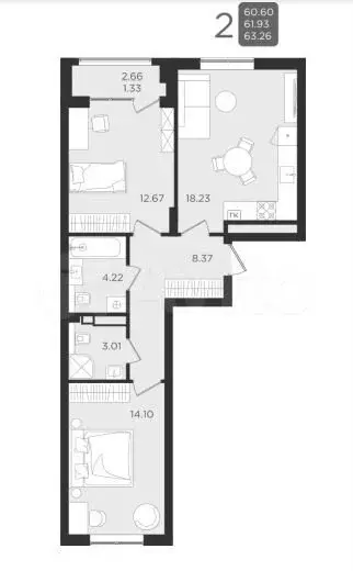 2-к. квартира, 62,2 м, 2/9 эт. - Фото 1