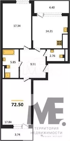 2-к. квартира, 72,5 м, 6/7 эт. - Фото 0