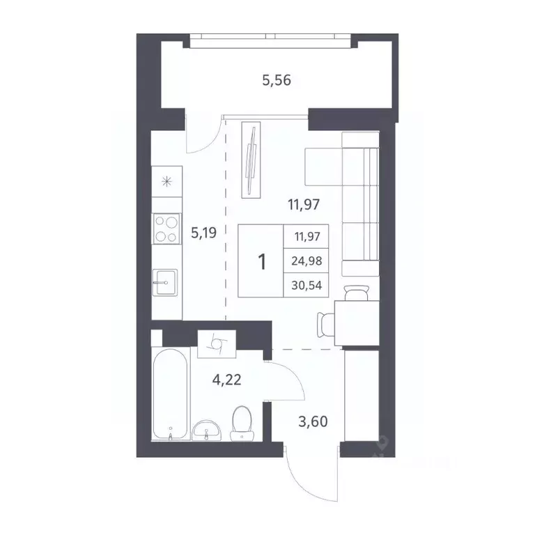 Студия Новосибирская область, Новосибирск ул. Тюленина, 3 (24.98 м) - Фото 0