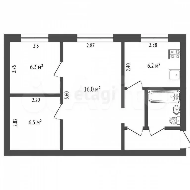 3-к. квартира, 42,6 м, 3/3 эт. - Фото 0