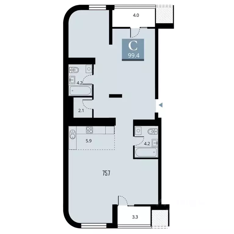 Студия Новосибирская область, Новосибирск ул. Прибрежная, 6/1 (99.4 м) - Фото 1