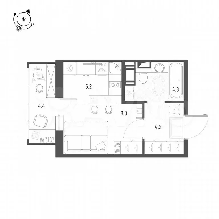 Квартира-студия, 23,3 м, 4/12 эт. - Фото 0