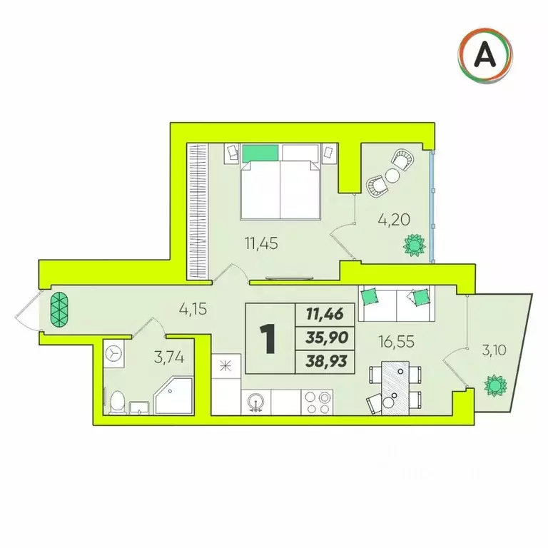 1-к кв. Калужская область, Калуга Зеленый жилой комплекс (38.93 м) - Фото 1