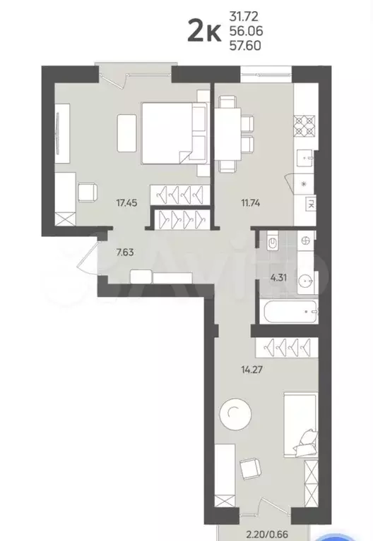 2-к. квартира, 56 м, 3/3 эт. - Фото 1