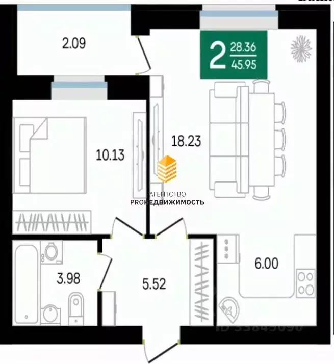 2-к кв. Башкортостан, Уфа ул. Генерала Ишбулатова, 8/3 (45.95 м) - Фото 1