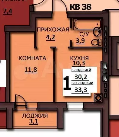 1-к. квартира, 33,3 м, 6/10 эт. - Фото 0