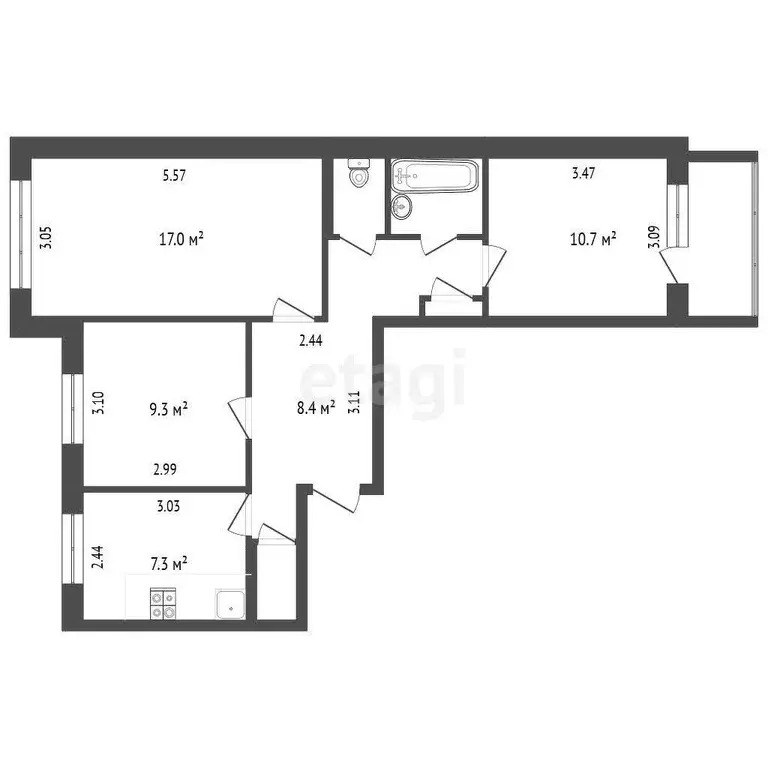 Квартира, 3 комнаты, 62.4 м - Фото 1