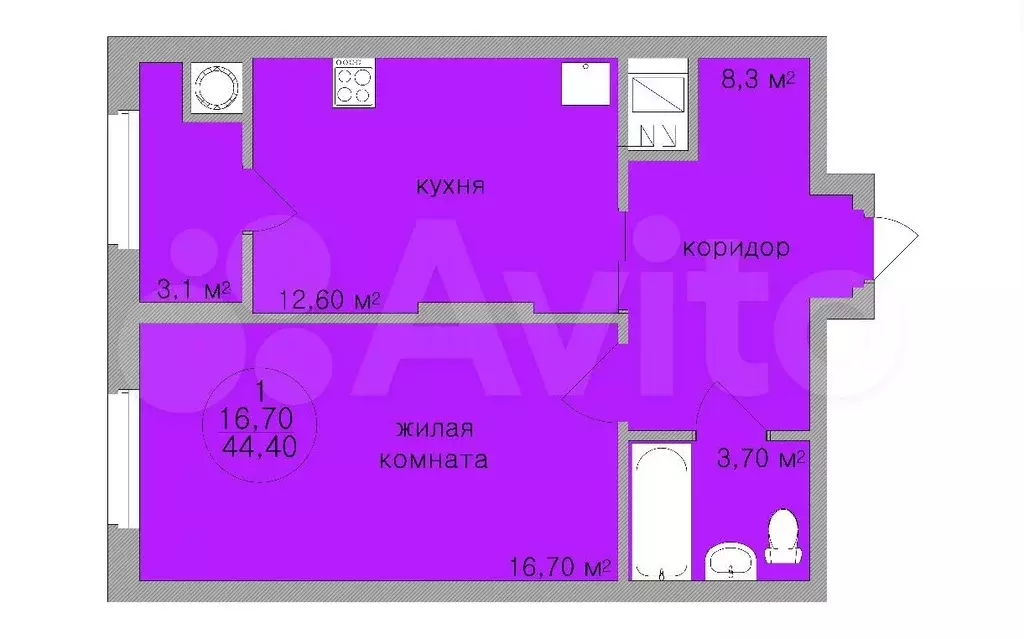 1-к. квартира, 44,4 м, 10/21 эт. - Фото 0