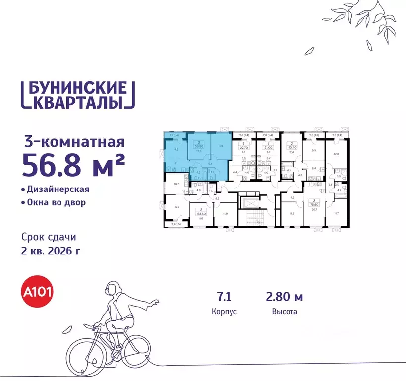 3-к кв. Москва Бунинские Кварталы жилой комплекс, 7.1 (56.8 м) - Фото 1